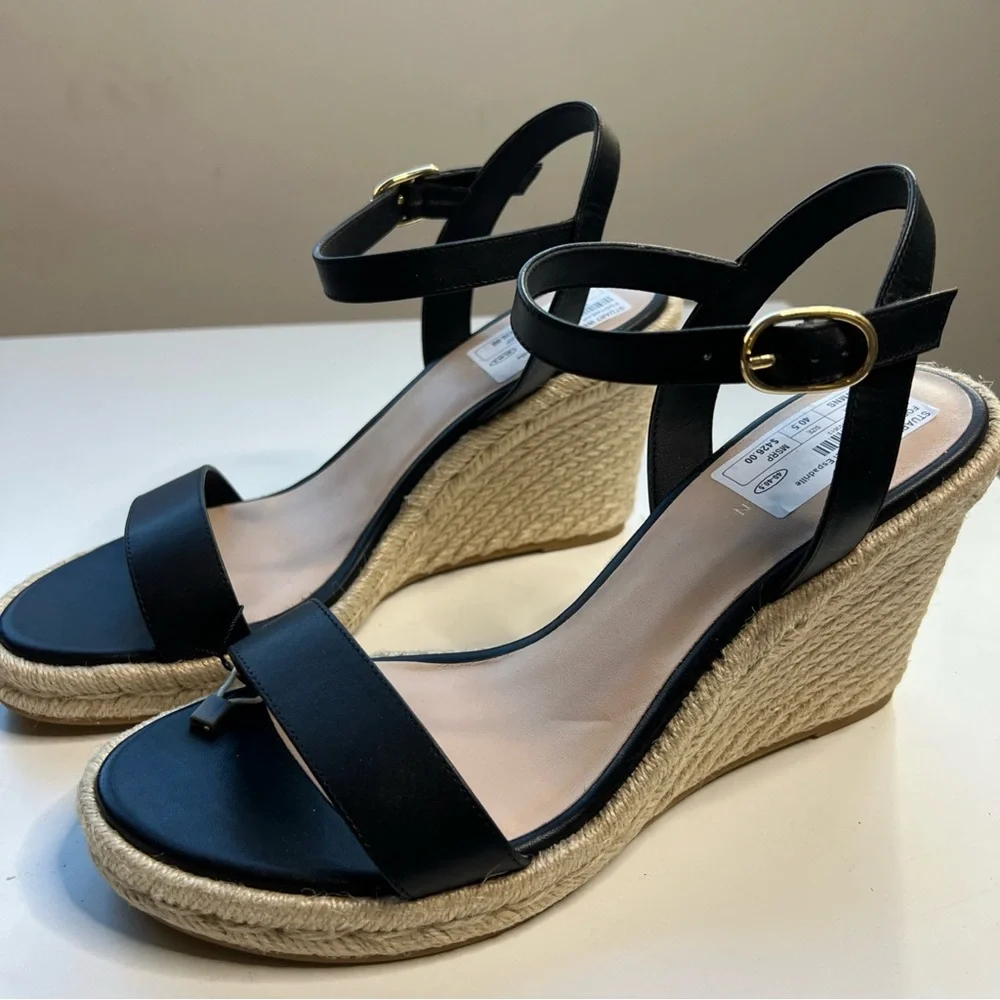 Stuart Weitzman Teddi Wedge Heel Leather Espadrille Sandals Womens 9.5 Black New
